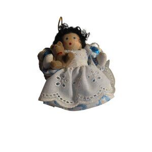 VINTAGE Wooden Face GIRL FIGURE DOLL Angel With Bear ORNAMENT Handmade